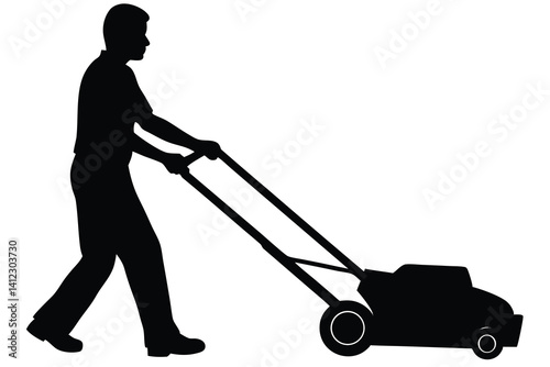 Silhouette of Man Pushing Lawn Mower, Yard Work, Grass Cutting, Outdoors, Machine