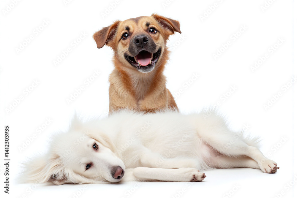 two dogs laying next to each other on a white background two dogs laying next to each other on a white background