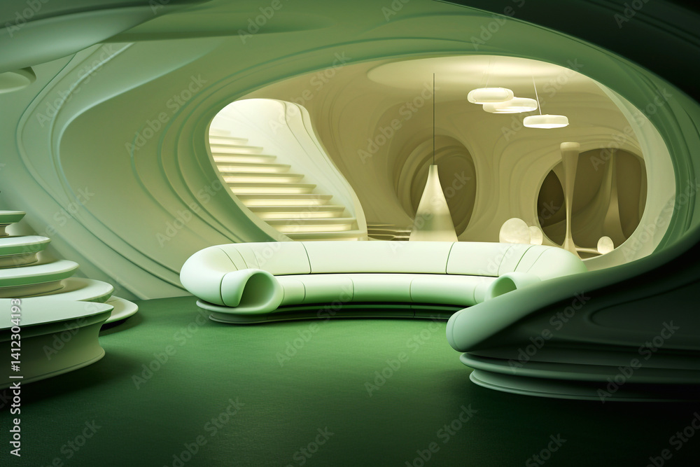 Futuristic green interior with sleek white sofa and minimal design elements. Modern space-inspired room with cosmic aesthetics, blending minimalism