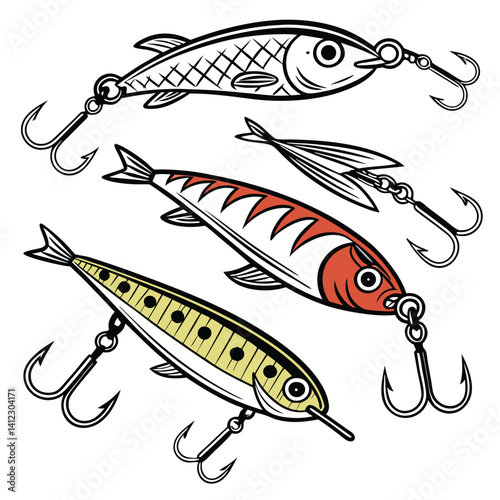 Illustration of fishing lures collection bait with hooks isolated on white background