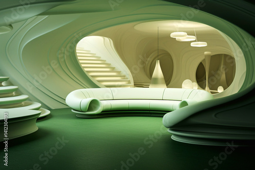 Obraz na płótnie Futuristic green interior with sleek white sofa and minimal design elements. Modern space-inspired room with cosmic aesthetics, blending minimalism w salonie