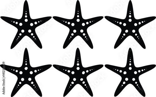 Six Black Starfish Silhouettes with Circular Patterns on a Transparent Background