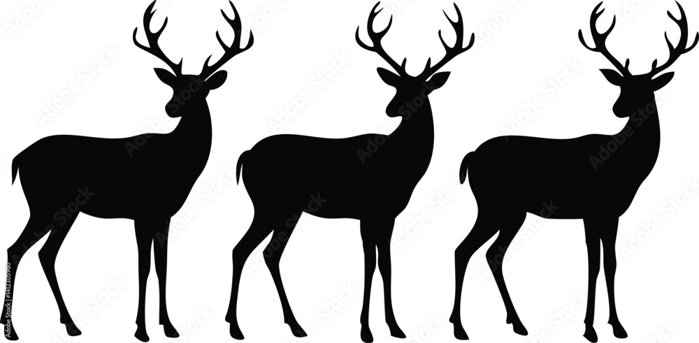 Fototapeta premium Three Deer Silhouettes Standing on White Background