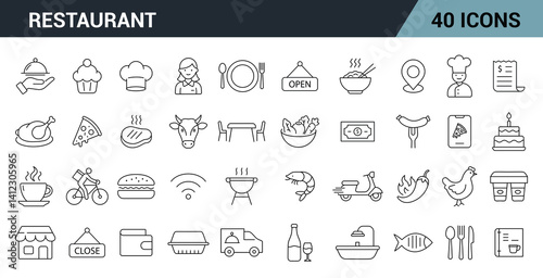 Restaurant Line Editable Icons Set. Includes dining, cooking, service, food, beverages, and restaurant environment symbols. Vector illustration.