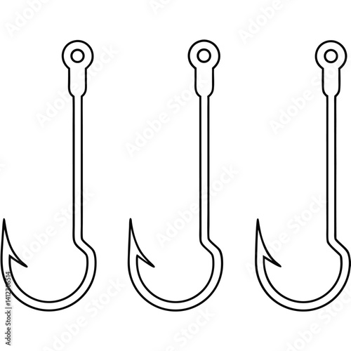 Three fishing hooks line art minimalist design angling and fishery concepts illustration