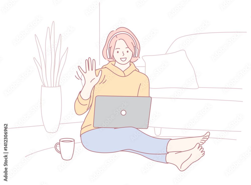 A young woman is joyfully working from home on her laptop, surrounded by a warm and cozy atmosphere A young woman is joyfully working from home on her laptop, surrounded by a warm and cozy atmosphere