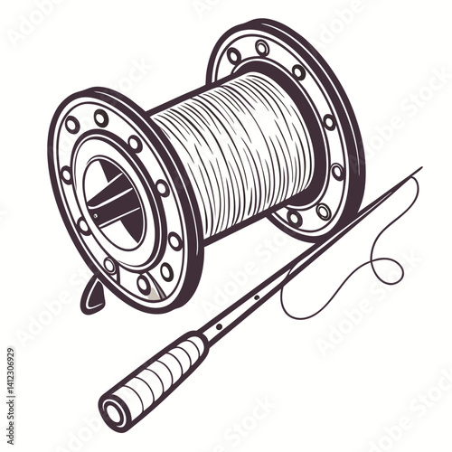 Vector illustration of a vintage fishing reel and rod minimalist style