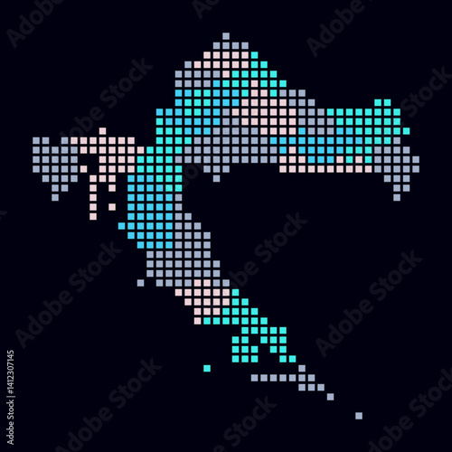 Croatia dotted map. Digital style map of the country on dark background. Croatia shape with square dots. Colored dots style. Large size squares. Modern vector illustration.