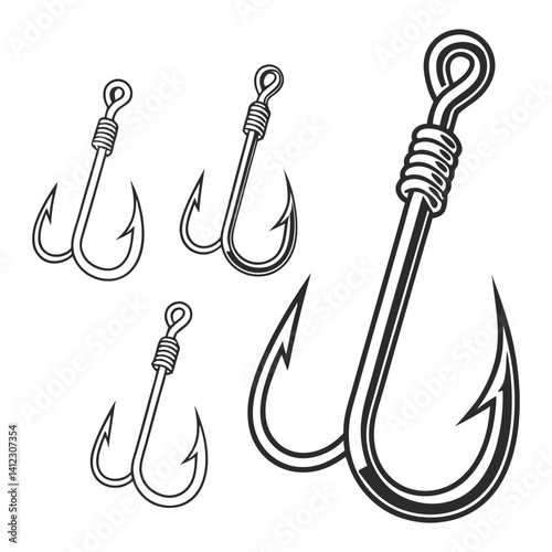 Vector illustration of fishing hooks in black and white outline style
