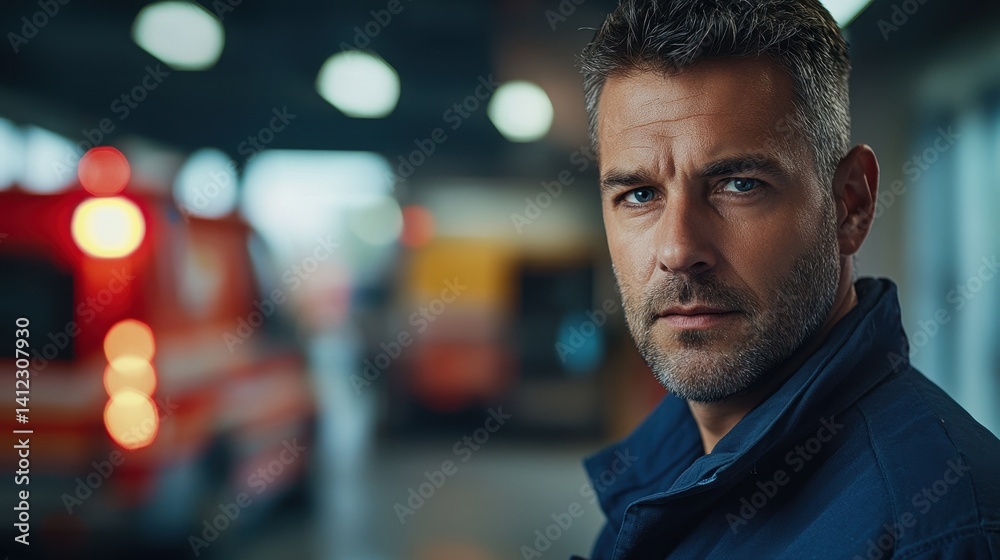 Fototapeta premium This portrait features a diligent European male firefighter reflecting strength and commitment. Captured in a dynamic indoor setting, it symbolizes bravery and professionalism in emergency services.