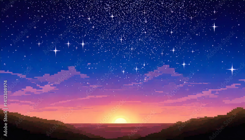 Obraz premium Pixel Art Starry Sky at Dawn Time for Digital Design and Game Assets