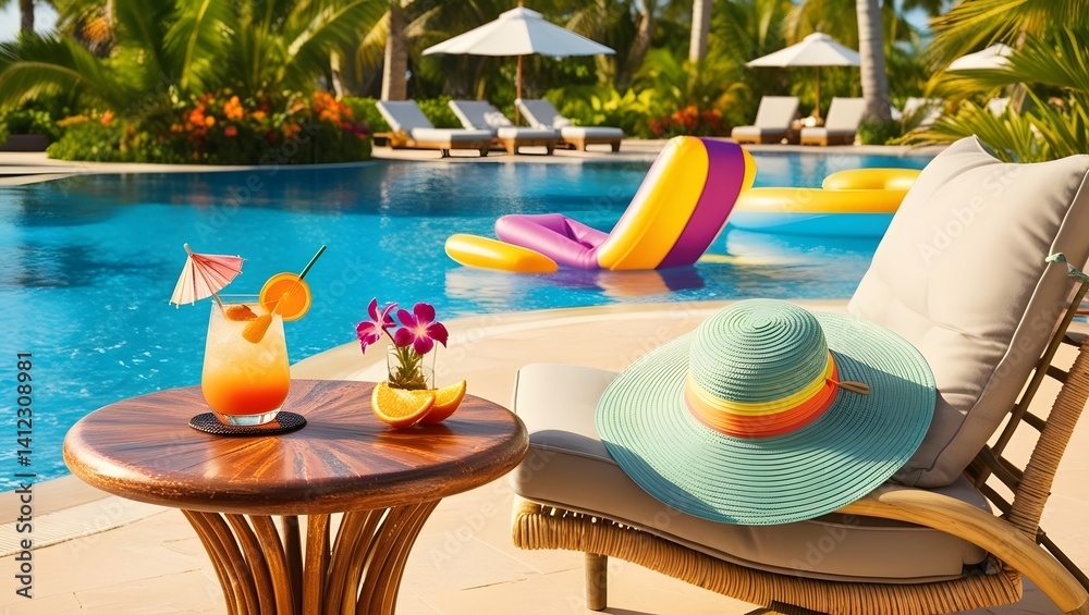 Obraz premium Relaxing Poolside with Cocktail and Straw Hat