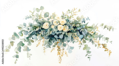 ethereal wedding bouquet with cascading eucalyptus leaves in shimmering gold and sage green watercolors soft dreamy brushstrokes create a romantic and elegant composition