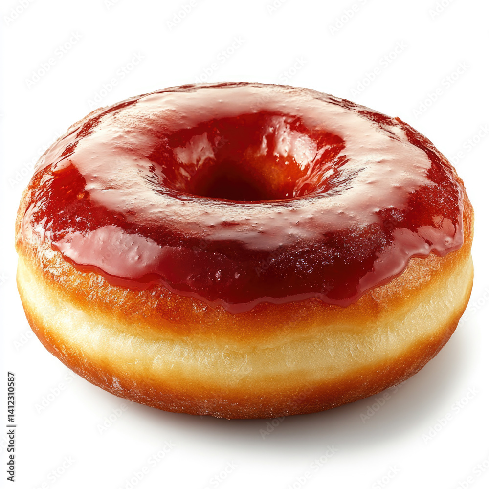 Obraz premium Glazed donut with red jam topping placed isolated on white background