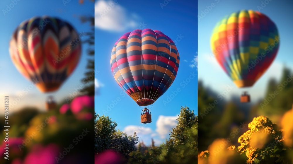 Fototapeta premium Colorful hot air balloons over a forest scene