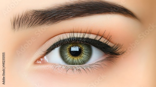 Close-up of a hazel eye with defined brows and lashes