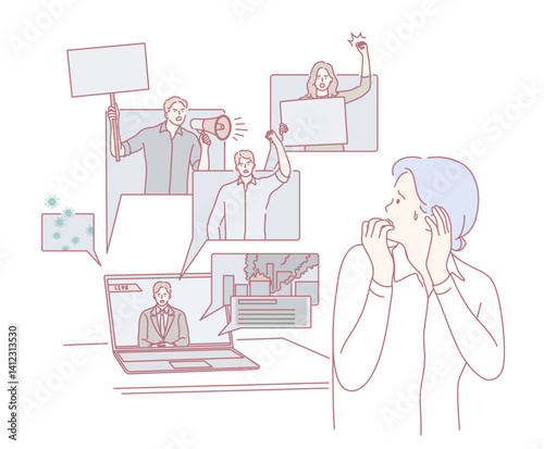 A person reacts to the different voices and messages that arise during an online meeting or protest scenario