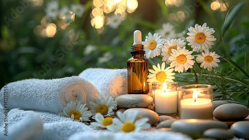 Serene spa setup featuring aromatherapy oil, candles, towels, daisies and stones for relaxation