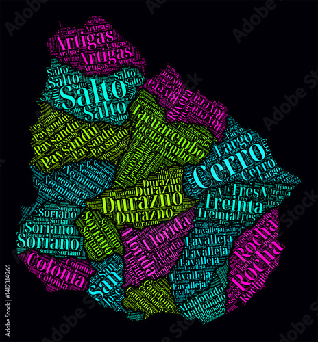 Uruguay Regions Word Clouds. Bright neon style design on dark background. Region names of the country in Spanish language. Country shape with administrative division. Amazing vector illustration.