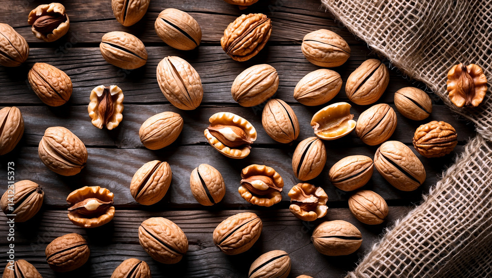 Scattered shelled walnuts on rustic wood background Scattered shelled walnuts on rustic wood background