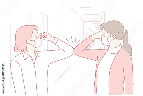 In a contemporary setting, two women greet each other using friendly elbow bumps while appropriately wearing face masks