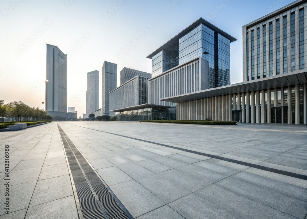 Fototapeta premium Empty pavements reflect the futuristic skyline of a modern Chinese city, a blend of sleek buildings and contemporary design.