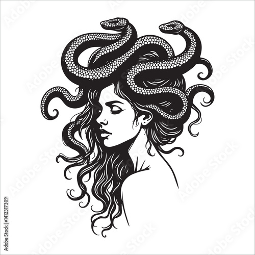Medusa mythological woman with snake hair black and white illustration in vintage tattoo art style.