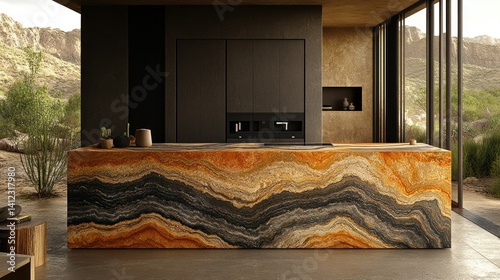 Modern kitchen with a large, dramatic, stone countertop.  Open-concept, minimalist design.  Natural light and desert scenery