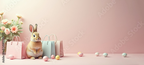 Easter banner. Fluffy cute bunny sits near eco shopping bags, colorful eggs, flowers on pink background. minimalistic composition, copy space. Easter sale, special offer, online shopping, gifts