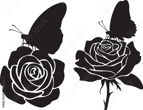 silhouette of a butterfly sitting on a rose flower vector art illustration
