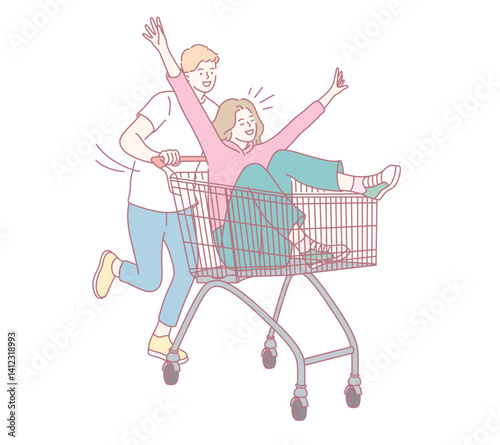A couple joyfully rides a shopping cart, showcasing happiness and spontaneity in a vibrant urban setting