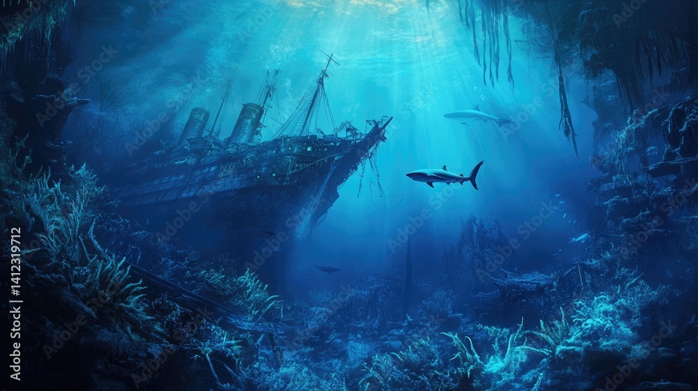 Obraz premium Blue underwater landscape with sunken ship, sharks, and seaweeds