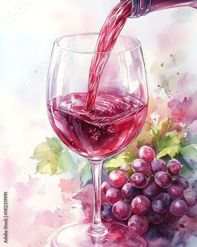 Pouring red wine into a glass with grapes.
