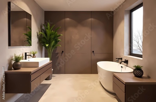 Modern stylish bathroom in mocha mousse color, large indoor plant and window, color of the year 2025