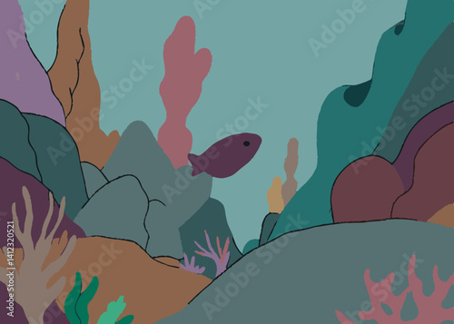 A lone fish glides through a serene underwater landscape, muted colors and soft shapes creating a calm, dreamlike seascape.