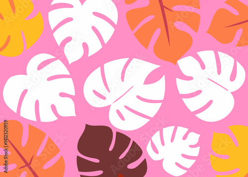 A vibrant summer paradise of playful monstera leaves dancing on a cheerful pink backdrop with bold color contrasts and a flat graphic style.