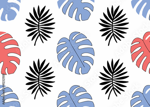 A vibrant tropical leaf pattern featuring bold monstera and palm leaves in cheerful blue, coral, and black against a crisp white background.