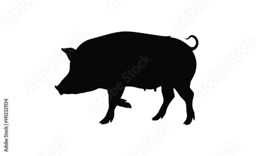 Pig silhouette, Side view pig vector, Farm animal icon, Pig illustration on white background