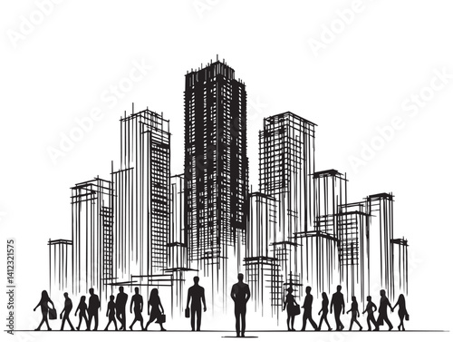 High rise building sketch with black peoples crowd. Architecture city