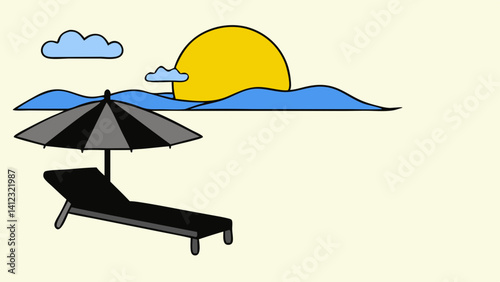 Serene sunset beach scene with a chaise lounge and striped umbrella under a warm yellow sun and a calm blue sea.