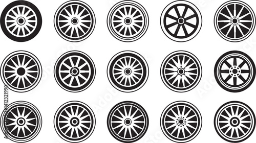 Vector illustration of car alloy wheel icon automotive rim design, metal wheel silhouette, vehicle part graphic element