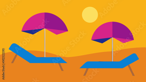A blissful escape awaits on this sunny beach, two vibrant blue lounge chairs shaded by pink and purple umbrellas under a warm golden sun.