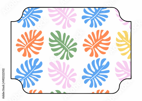 A cheerful summery tropical leaf pattern design in pastel colors, featuring a playful, vibrant arrangement of monstera leaves within a decorative frame.