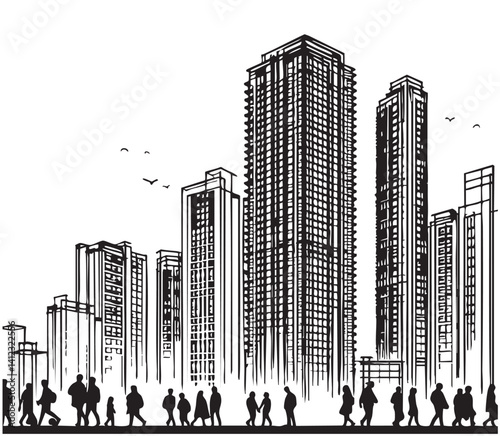 High rise building sketch with black peoples crowd. Architecture city