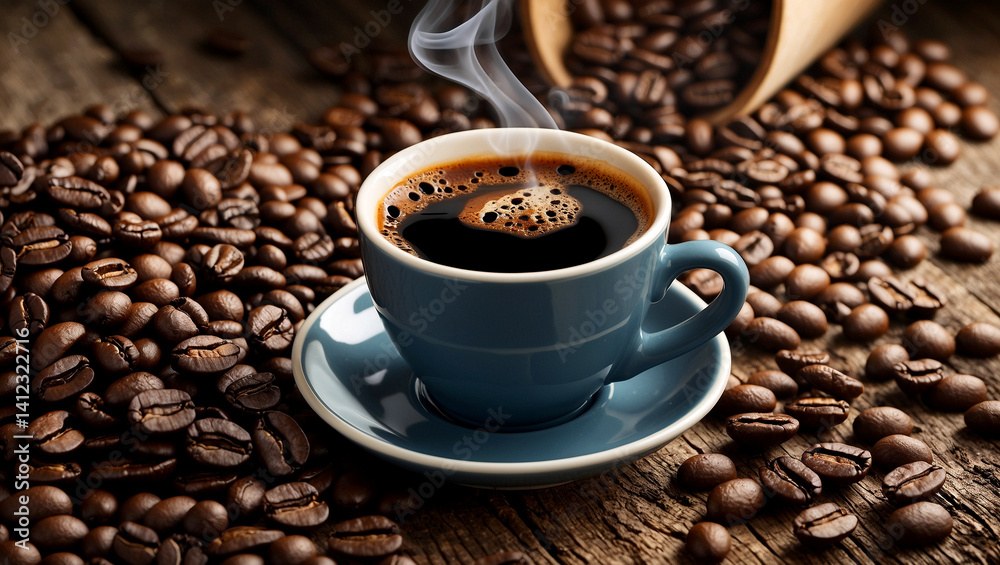 Steaming cup of black coffee on rustic table Steaming cup of black coffee on rustic table