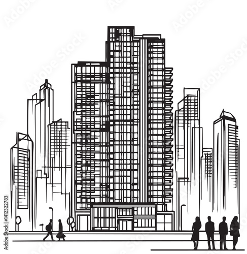 High rise building sketch with black peoples crowd. Architecture city
