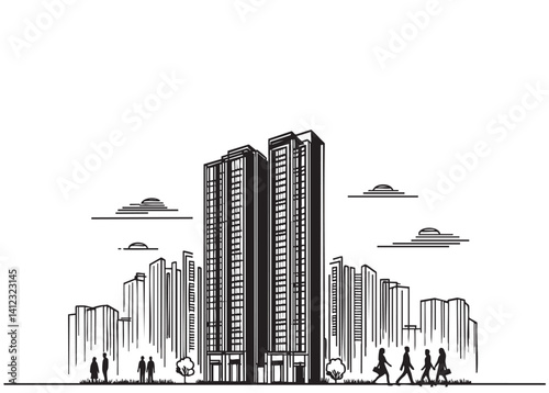 High rise building sketch with black peoples crowd. Architecture city