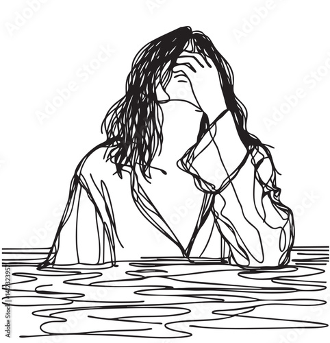 A depressed woman drowns in water. Line sketch
