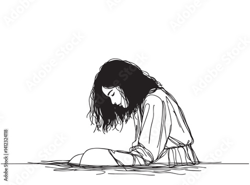 A depressed woman drowns in water. Line sketch