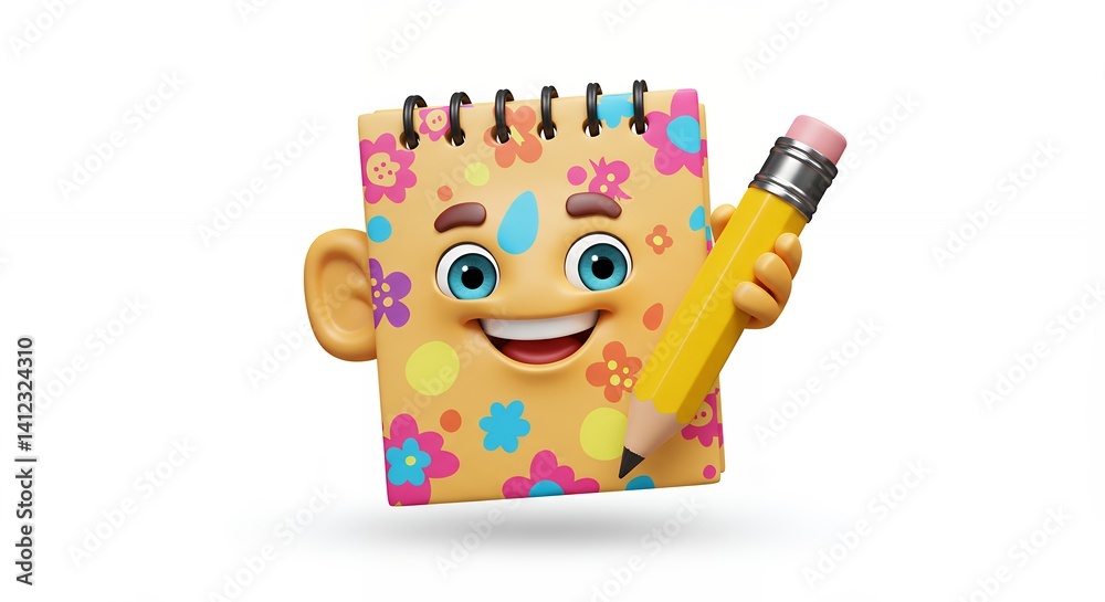 Obraz premium Smiling cartoon notebook character with pencil illustration